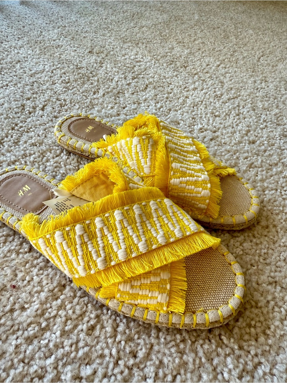 H&M Bright Yellow Fringed Woven Slide Sandals